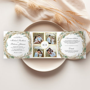 Rustic Boho Pampas Eucalyptus Wreath Wedding Tri-Fold Invitation
