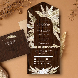 Rustic Boho Pampas Grass Barn Wood Arch Wedding All In One Invitation