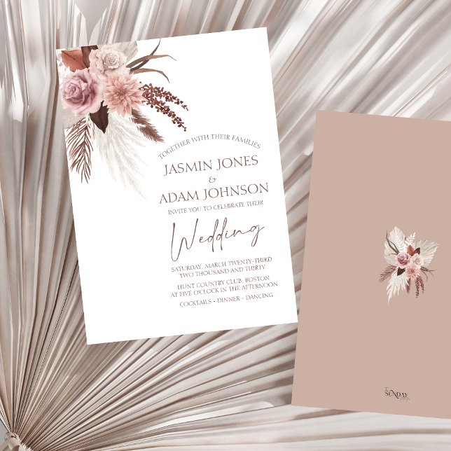 Rustic Boho Pampas Grass Dried Flowers Wedding Invitation (Boho Dusty Pink Dried Flowers Pampas Grass Wedding Invitation)