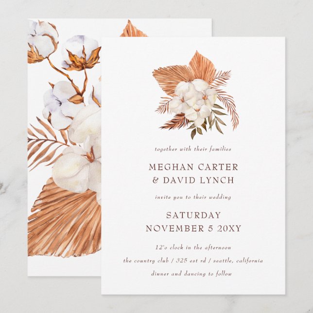Rustic Boho pampas Grass Floral Desert Wedding Invitation (Front/Back)