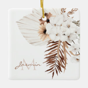 Rustic Boho Pampas Grass Floral Monogram Ceramic Ornament