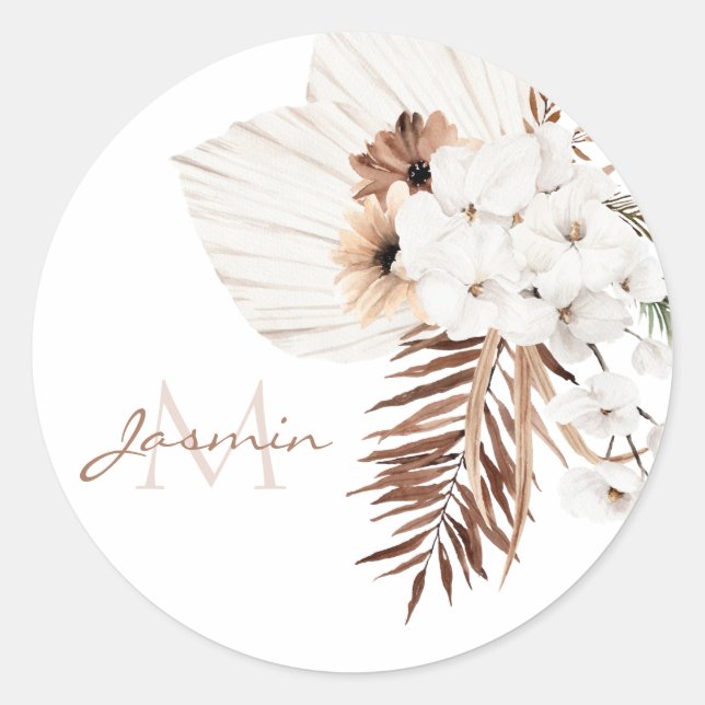 Rustic Boho Pampas Grass Floral Monogram Classic Round Sticker (Front)
