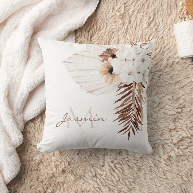 Rustic Boho Pampas Grass Floral Monogram Cushion (Blanket)