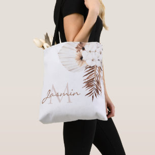 Rustic Boho Pampas Grass Floral Monogram Tote Bag
