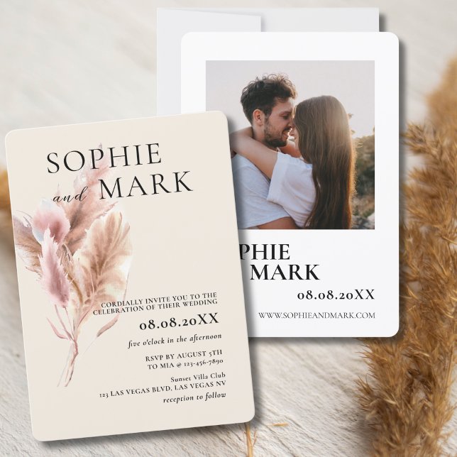 Rustic Boho Pampas Grass Minimalist With Photo Invitation (Creator Uploaded)