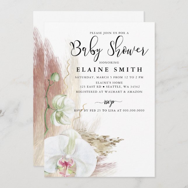 Rustic Boho Pampas Grass Orchid Baby Shower  Invitation (Front/Back)