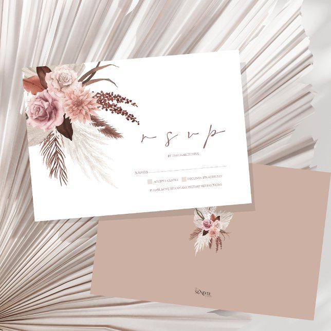 Rustic Boho Pampas Grass Terracotta Wedding RSVP Card (Boho Dusty Pink Dried Flowers Pampas Grass Wedding RSVP Card)