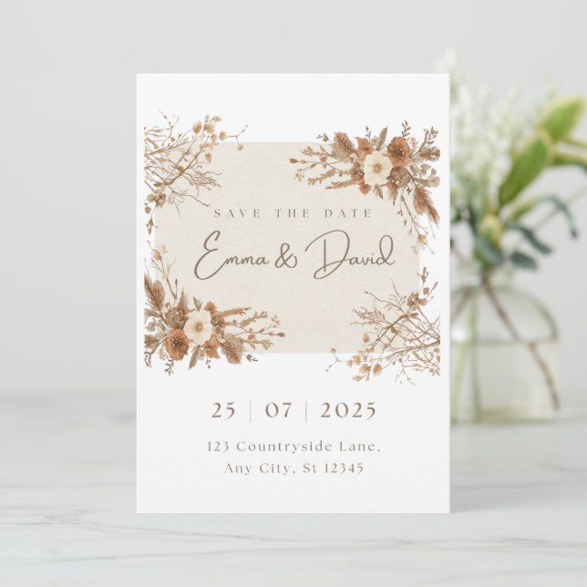 Rustic Boho Pampas Grass Wedding Invitation (Standing Front)
