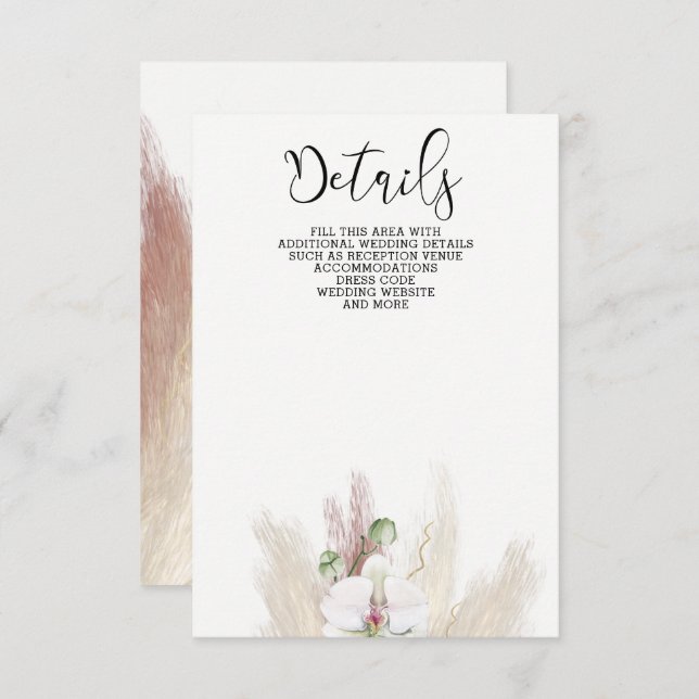 Rustic Boho Pampas Grass White Orchid Wedding Enclosure Card (Front/Back)