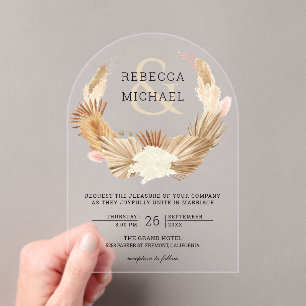 Rustic Boho Pampas Grass Wreath Dried Palm Wedding Acrylic Invitations