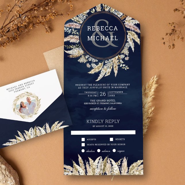 Rustic Boho Pampas Grass Wreath Navy Blue Wedding All In One Invitation (Creator Uploaded)