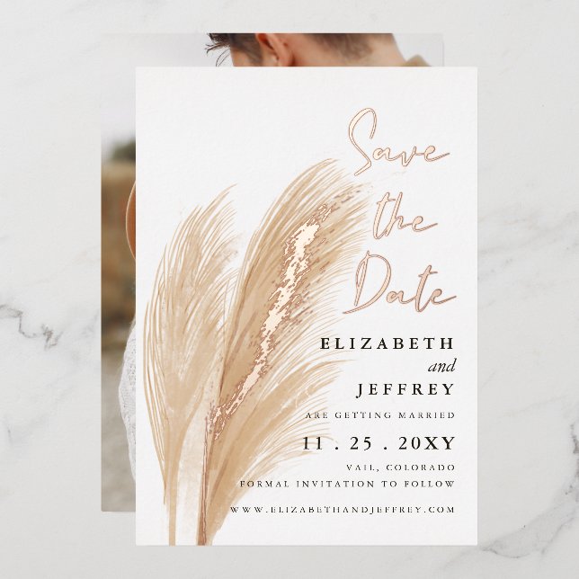 Rustic Boho Pampas Photo Save The Date Foil Invita (Front/Back)