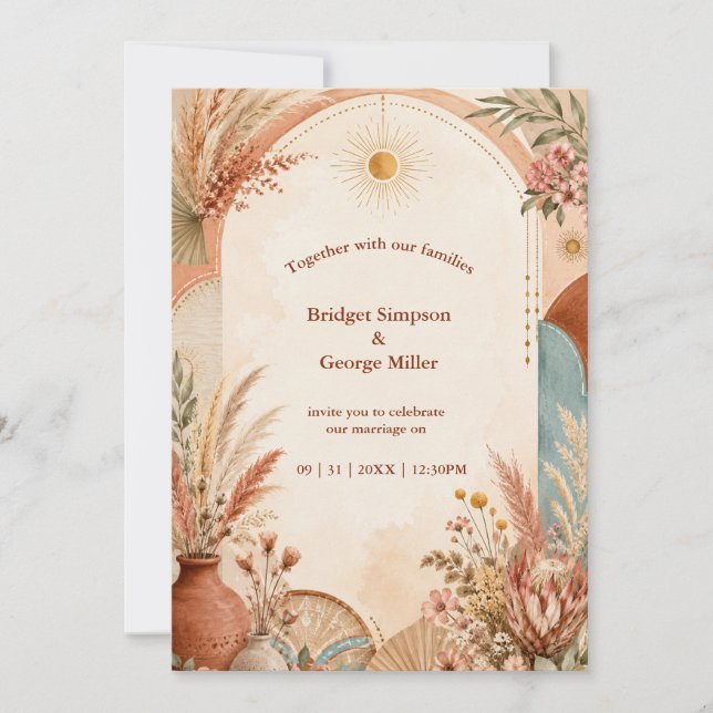 Rustic Boho Pampas wildflower Wedding  Invitation (Front)