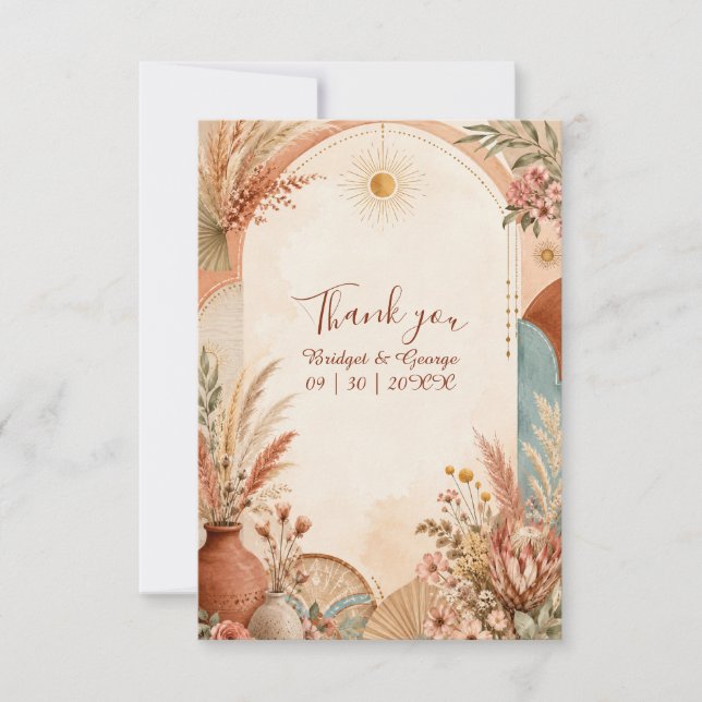 Rustic Boho Pampas wildflower Wedding  Thank You Card (Front)
