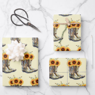 Rustic Boho Pattern - Cowboy Boots with Sunflowers Wrapping Paper Sheet