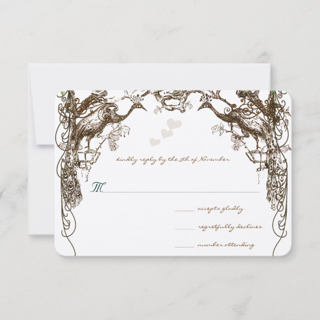 Rustic Boho Peacock Vintage Love Bird Wedding RSVP (Front)