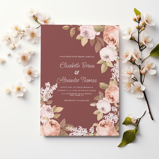 Rustic boho pink burgundy green floral wedding  invitation (Rustic boho pink burgundy green floral wedding )