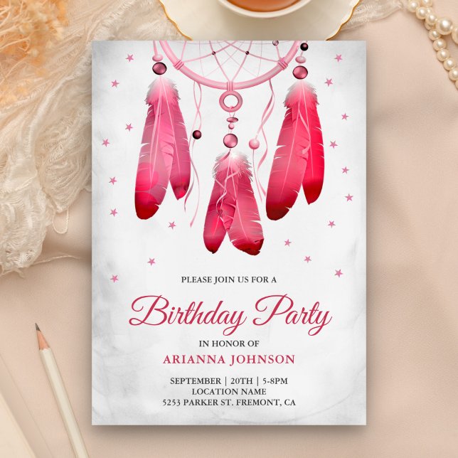 Rustic Boho Pink Dream Catcher Birthday Party Invitation (Creator Uploaded)
