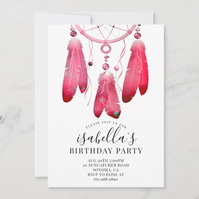Rustic Boho Pink Dream Catcher Birthday Party Invitation (Front)