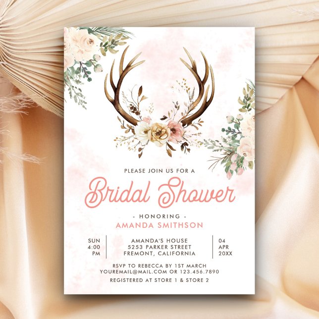 Rustic Boho Pink Floral Antler Bridal Shower Invitation (Creator Uploaded)