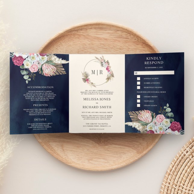 Rustic Boho Pink Floral Pampas Navy Blue Wedding Tri-Fold Invitation (Creator Uploaded)
