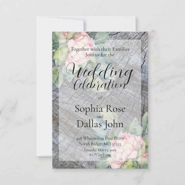 Rustic boho pink floral wedding invitation (Front)