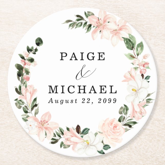 Rustic Boho Pink White Floral Wedding Round Paper Coaster (Front)