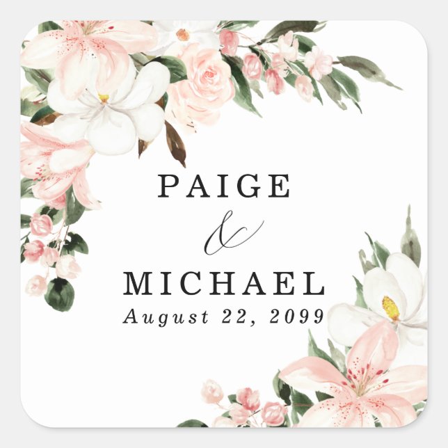 Rustic Boho Pink White Floral Wedding Square Sticker (Front)