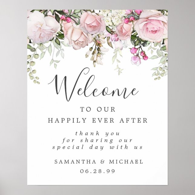 Rustic Boho Pink White Floral Wedding Welcome Sign (Front)