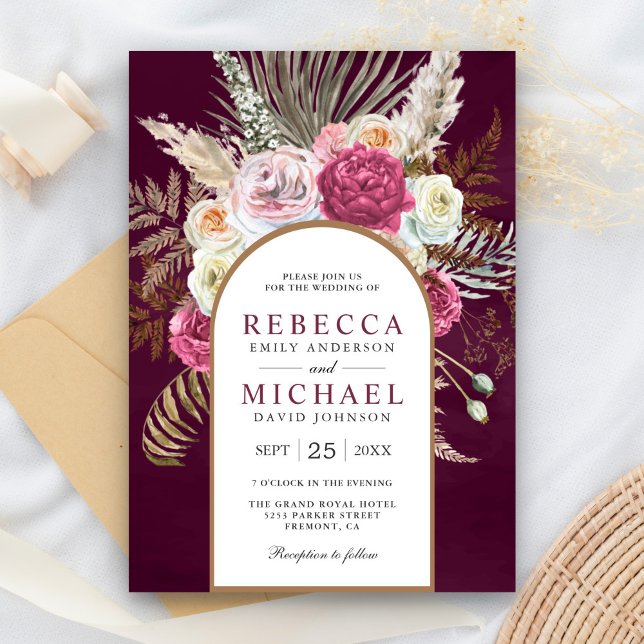Rustic Boho Plum Floral Arch Wedding Invitation (Creator Uploaded)
