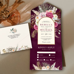 Rustic Boho Plum Floral Bouquet Arch Wedding All In One Invitation