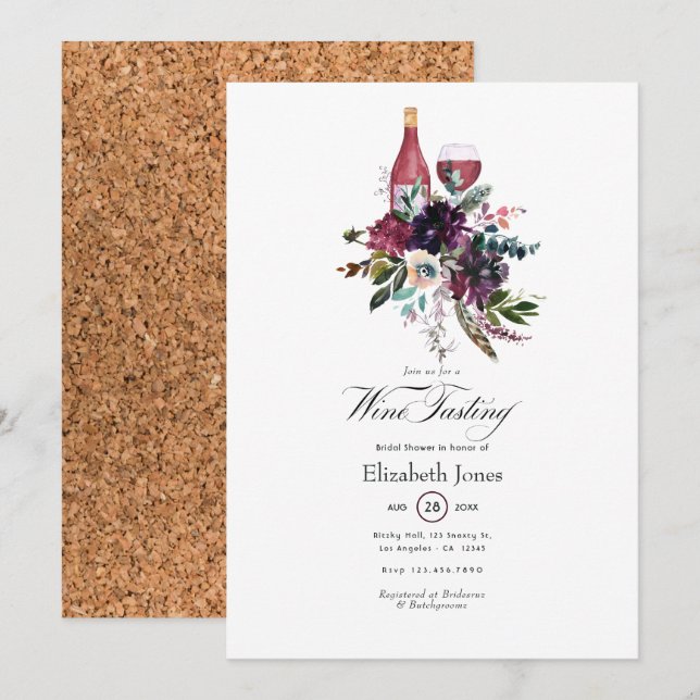 Rustic Boho Plum Red Wine Tasting Bridal Shower Invitation (Front/Back)