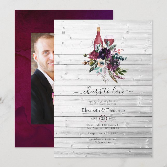 Rustic Boho Plum Red Wine Tasting Couples Shower Invitation (Front/Back)