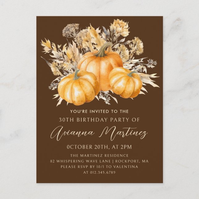 Rustic Boho Pumpkin Fall 30th Birthday Party  Invitation Postcard (Front)