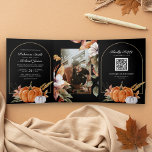 Rustic Boho Pumpkin Photo QR Code Black Wedding Tri-Fold Invitation<br><div class="desc">Amaze your guests with this elegant wedding invite featuring beautiful pumpkins,  flowers and dried leaves with online RSVP card. Simply add your event details on this easy-to-use template and adorn this card with your favourite photo to make it a unique personalised one-of-a-kind invitation.</div>