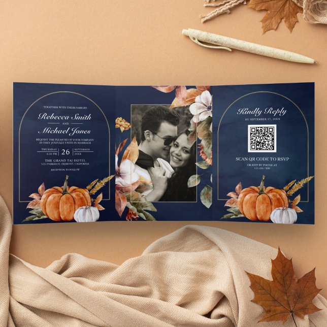 Rustic Boho Pumpkin Photo QR Code Navy Wedding Tri-Fold Invitation (Creator Uploaded)