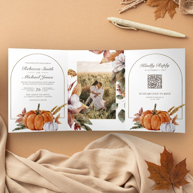 Rustic Boho Pumpkin Photo QR Code Wedding Tri-Fold Invitation (Creator Uploaded)