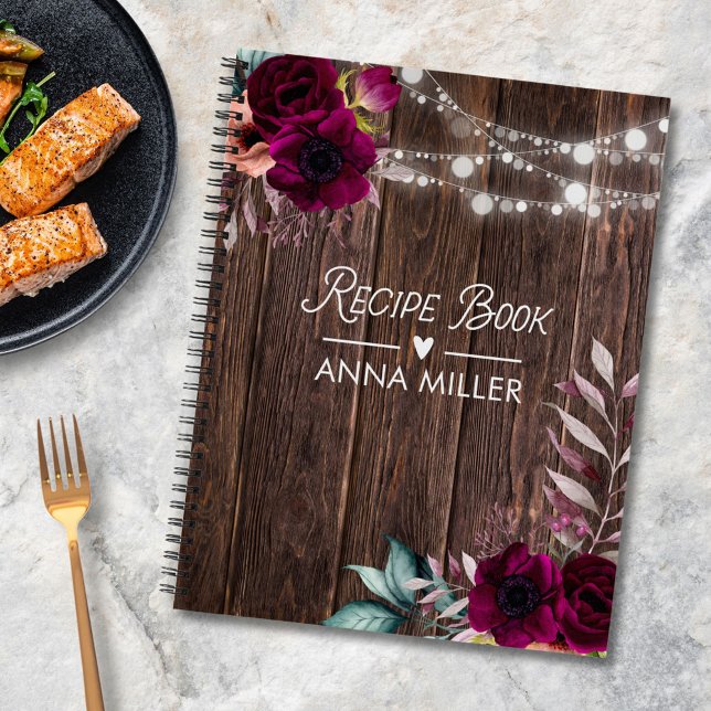Rustic Boho Purple Flower Wood Recipe Cookbook Notebook (In situ)