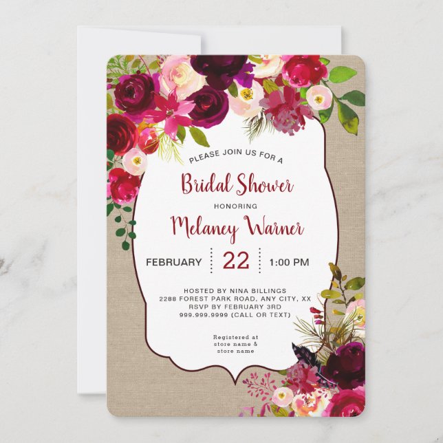 Rustic Boho Red Floral Bridal Shower invite (Front)