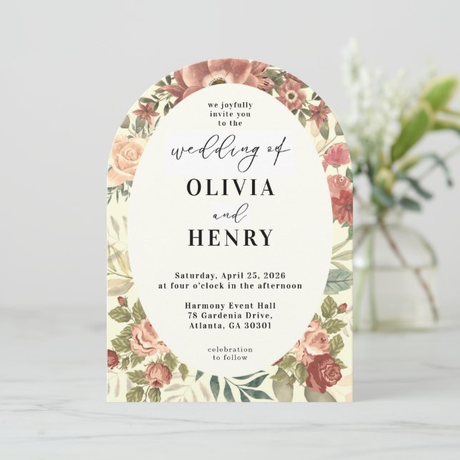 Rustic Boho Red Roses Floral Wedding Invitation (Standing Front)