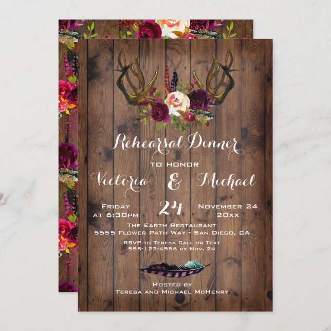 Rustic Boho Rehearsal Dinner with floral Antlers Invitation (Front/Back)