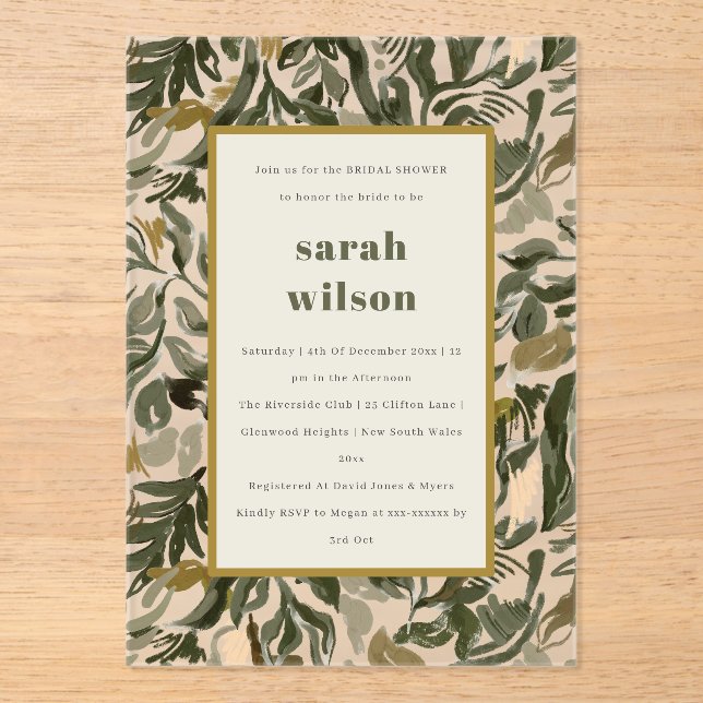 Rustic Boho Retro Green Botanical Bridal Shower Acrylic Invitations (Front)