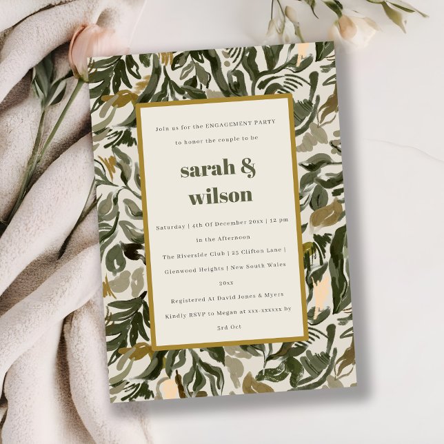 Rustic Boho Retro Green Botanical Engagement Invitation (Creator Uploaded)