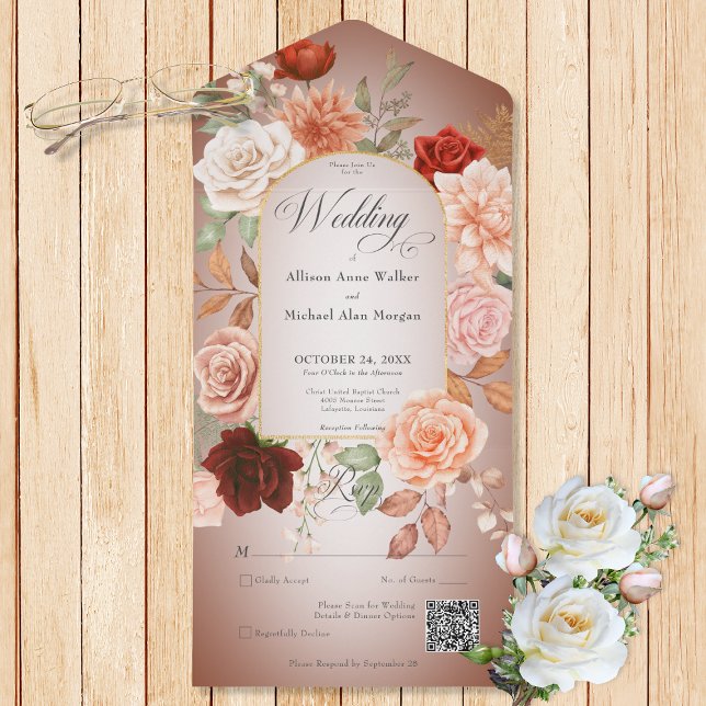 Rustic Boho Rust & Peach Floral Arch Rust QR Code All In One Invitation (Also available without a QR code; with or without dinner selection options.)