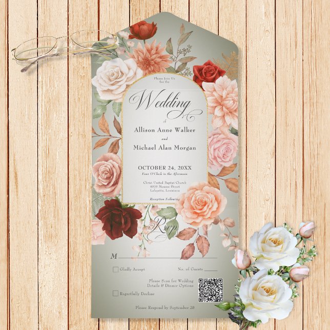 Rustic Boho Rust & Peach Floral Arch Sage QR Code All In One Invitation (Also available without a QR code; with or without dinner selection options.)