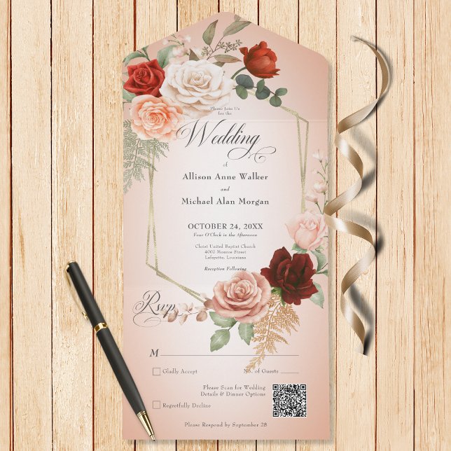 Rustic Boho Rust  Peach Floral Frame Blush QR Code All In One Invitation (Also available without a QR code; with or without dinner selection options.)