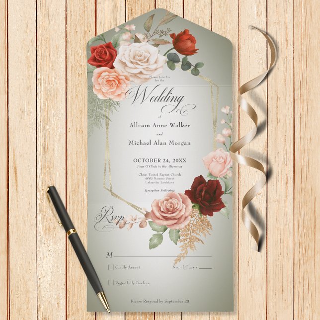 Rustic Boho Rust Peach Floral Frame Sage No Dinner All In One Invitation (Also available with a QR code or with dinner selection options.)