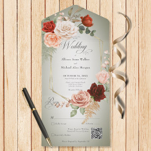 Rustic Boho Rust & Peach Floral Frame Sage QR Code All In One Invitation