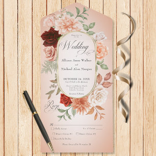 Rustic Boho Rust & Peach Floral Oval Blush Dinner All In One Invitation