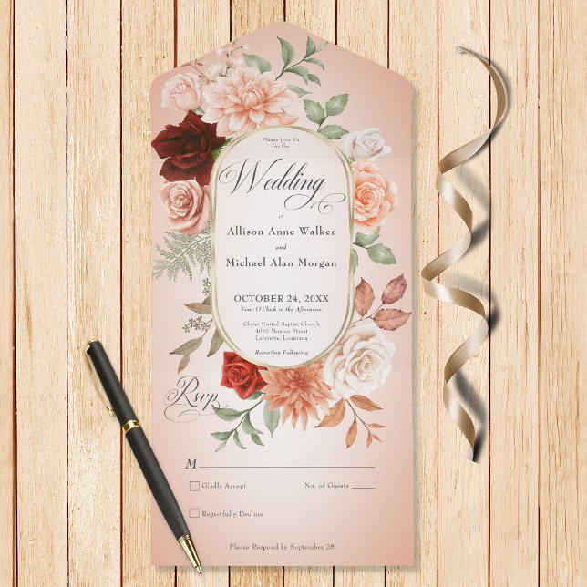 Rustic Boho Rust Peach Floral Oval Blush No Dinner All In One Invitation (Also available with a QR code or with dinner selection options.)